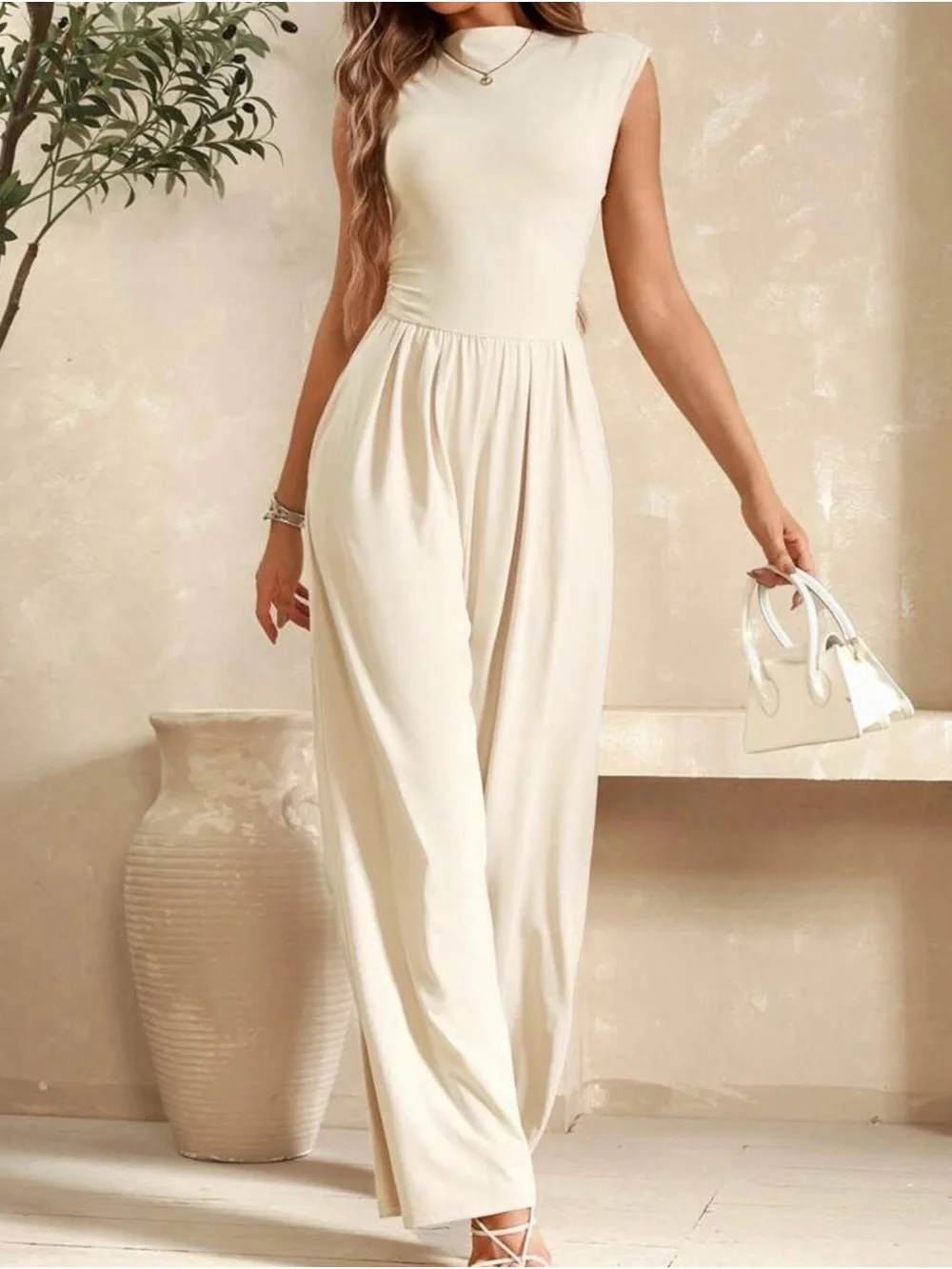 Sleeveless Cream Wide-Leg Jumpsuit